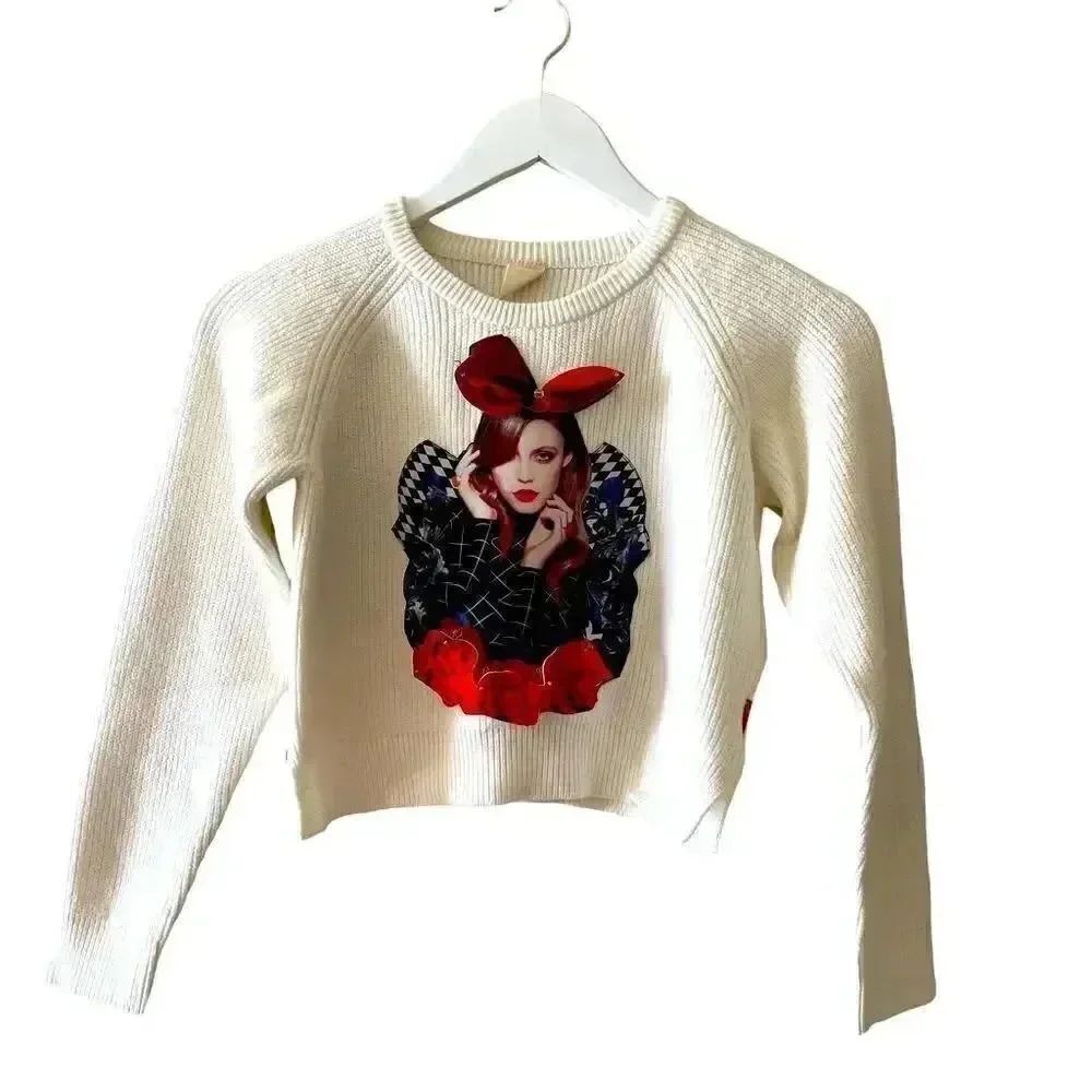 Kinddog Unique Long Sleeves Cropped Girl Womens Ivory Red Winter Cozy Sweater S